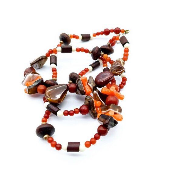 Basic Boho Strand Necklace, Retro Brown and Orange Early Plastic Beads - Picture 2 of 3